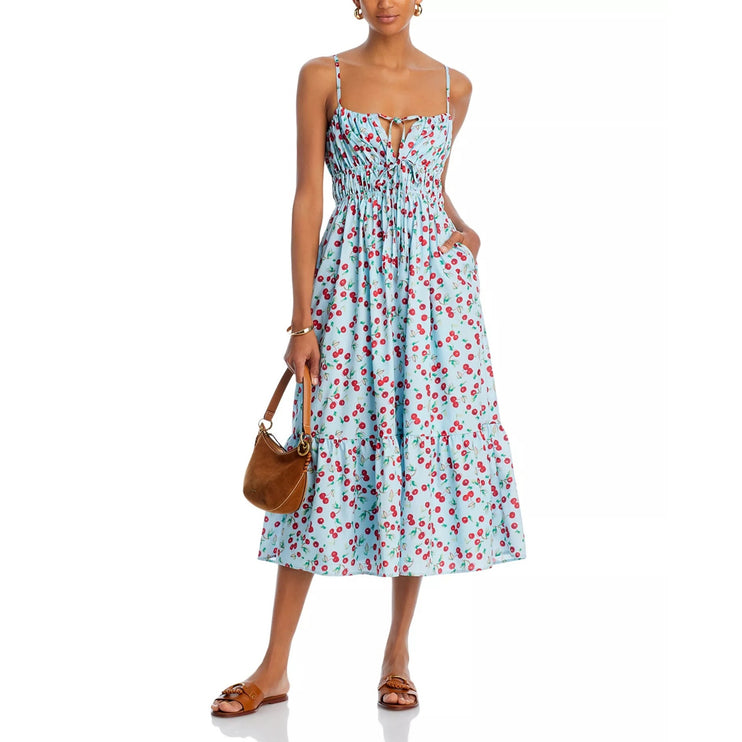 Aqua Blue Red Cherry Print Sleeveless Cami Tiered Pocket A Line Midi Dress Sz M
