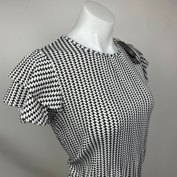 Adrianna Papell NWT Black Houndstooth Flutter Sleeve Crewneck Blouse Top Size XS