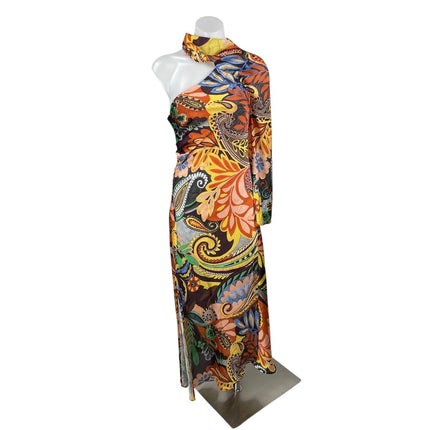 Zara Multicolor Floral Paisley One Shoulder Mock Neck Slit Sheath Maxi Dress S