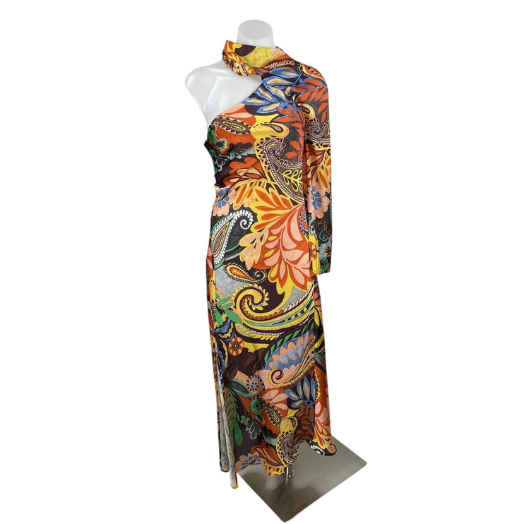 Zara Multicolor Floral Paisley One Shoulder Mock Neck Slit Sheath Maxi Dress S