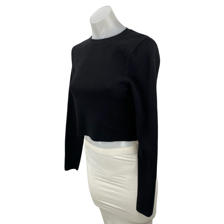 Zara Women's Black Long Sleeve Ribbed Knit Crew Neck Cropped Sweater Top Size L