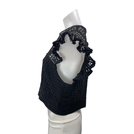 Whistles Women's Black Sleeveless Knit Crochet Ruffles Peplum Blouse Top Size 12