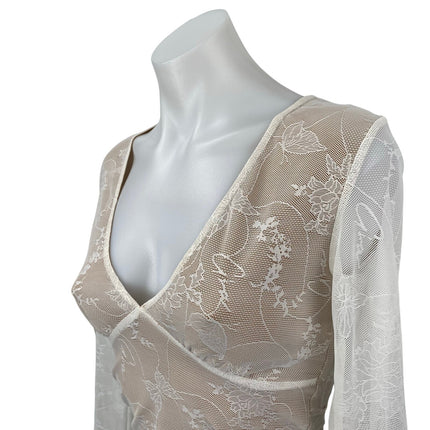 I.AM.GIA Yvette White Beige Floral Lace Layered Long Sleeve V Neck Blouse Top S