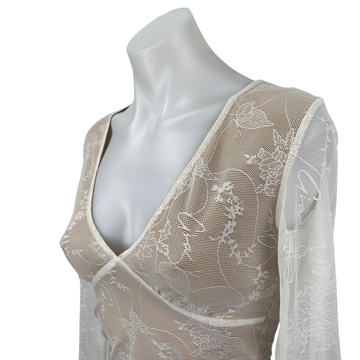 I.AM.GIA Yvette White Beige Floral Lace Layered Long Sleeve V Neck Blouse Top S