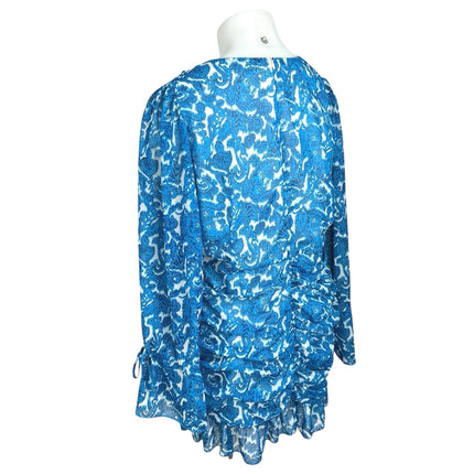 In The Style Blue Paisley Long Sleeve Ruffle Tiered Mini Fit & Flare Dress Sz 20