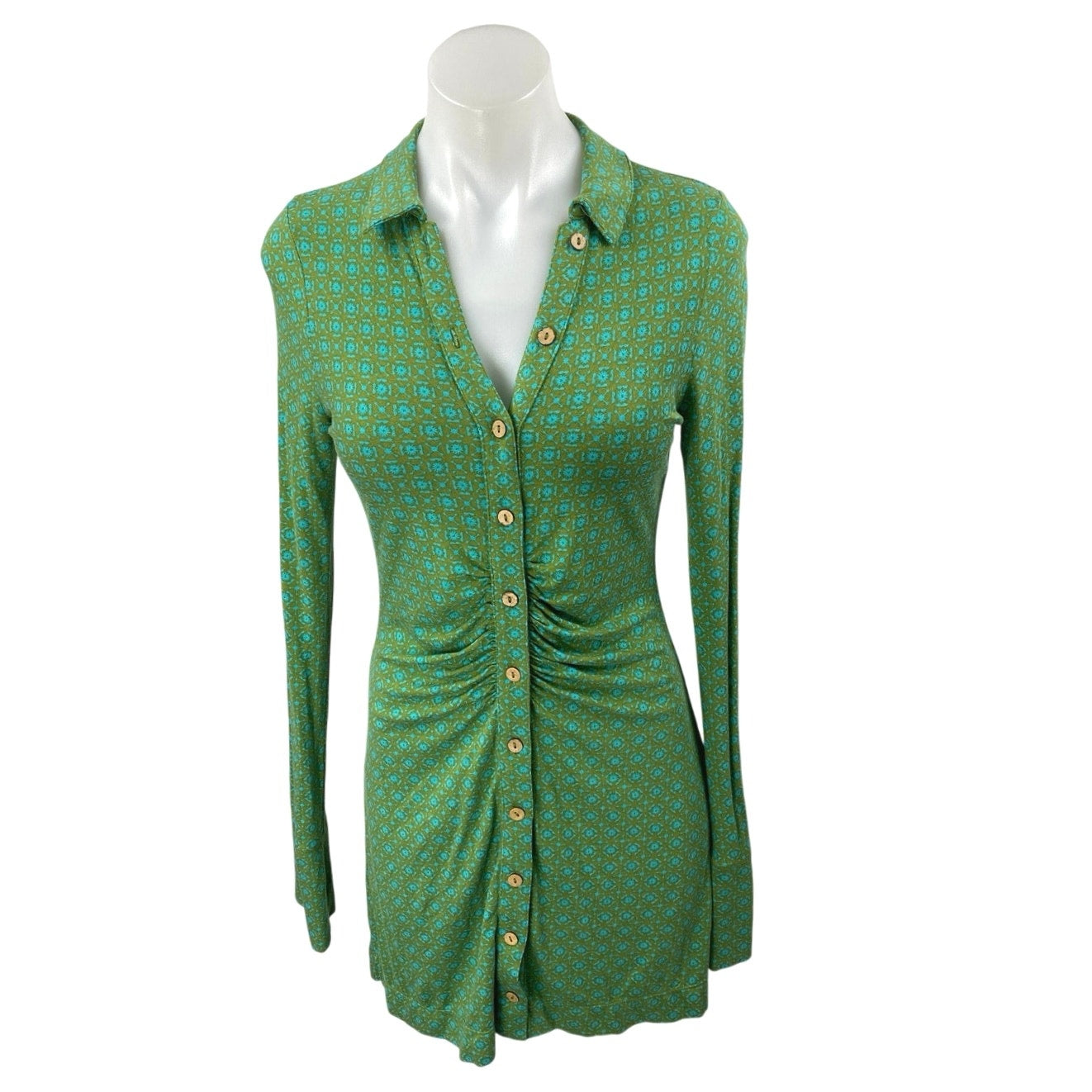 Free People Shayla Green Long Sleeve Printed Button Down Ruched Mini Dress S Free People Shayla Green Long Sleeve Printed Button Down Ruched Mini Dress S
