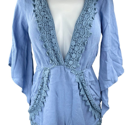 Kiss The Sky Blue Plunge V-Neck 3/4 Bell Sleeve Lace Crochet Jumpsuit Romper M