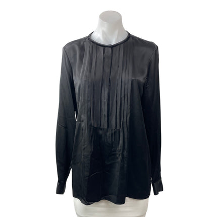 Elie Tahari Womens Black Long Sleeves Satin Silk Pleated Pintuck Blouse Top Sz M