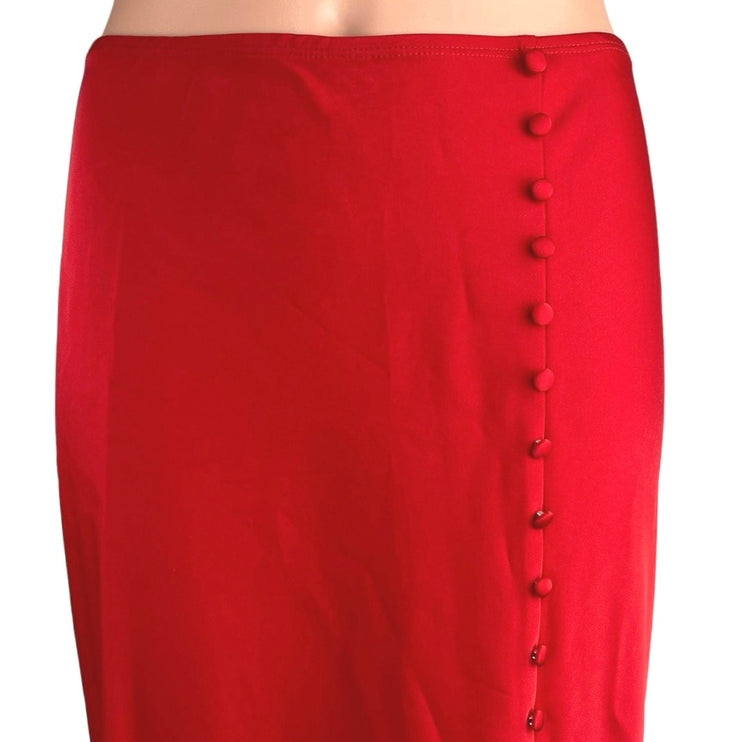 Elodie Red Silky Satin Side Button Calf Length Pencil Straight Slip Skirt Sz XS