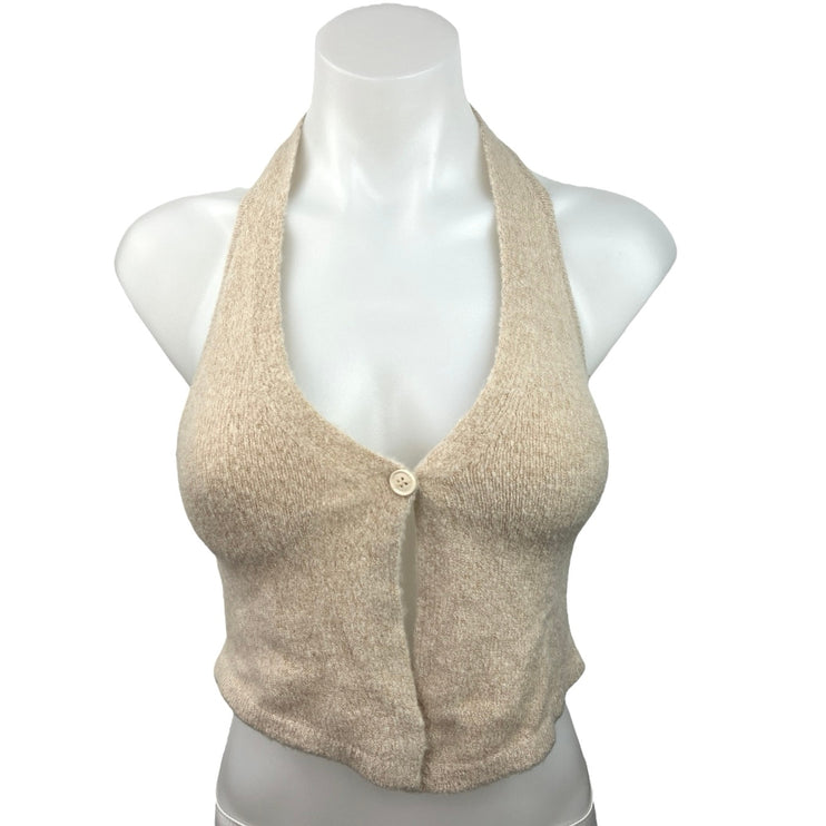 VRG GRL Beige Knit One Button Scoop Neck Chic Halter Open Back Crop Top Size S