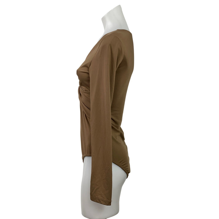 Princess Polly Womens Brown Twist Front V-neck Long Sleeve Bosysuit Blouse Top 6
