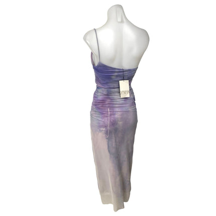 NEW Zara Purple Lilac Tie Dye One Shoulder Sleeveless Ruched Midi Slip Dress XS