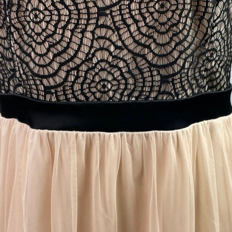 Mystic Black Beige Chiffon Lace Sleeveless Pleated Fit & Flare Mini Dress 3XL