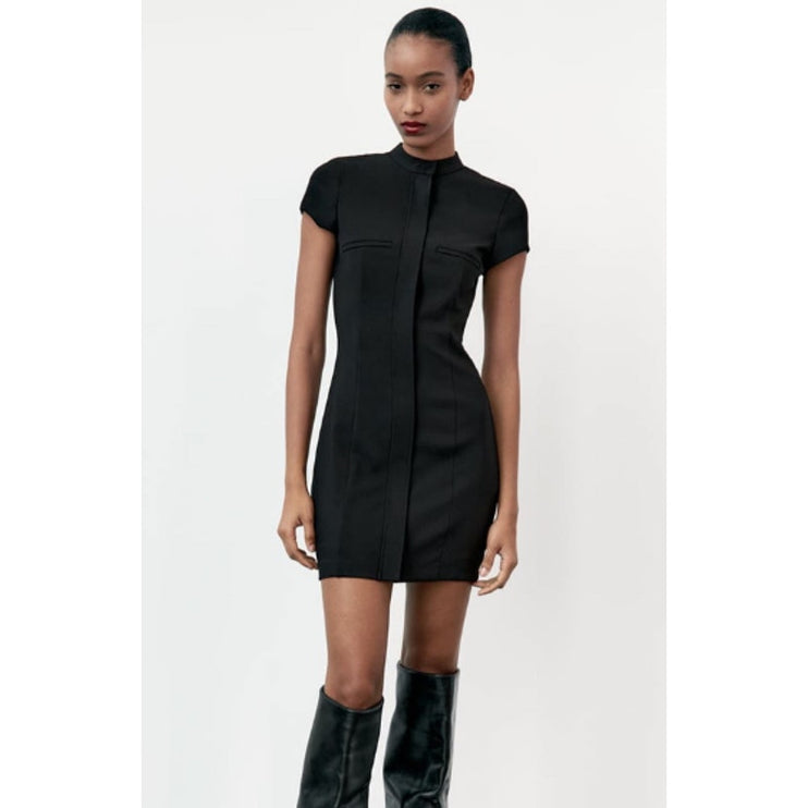Zara Black Short Sleeve Tailored Mock Neck Zip Up Mini Bodycon Dress Size S