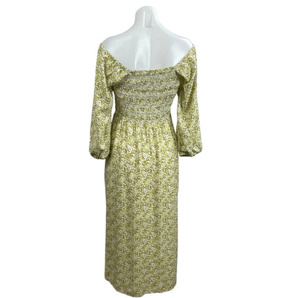 WAYF Nevaeh Yellow Ditsy Floral Smocked Long Sleeve Midi Flare A-Line Dress Sz S