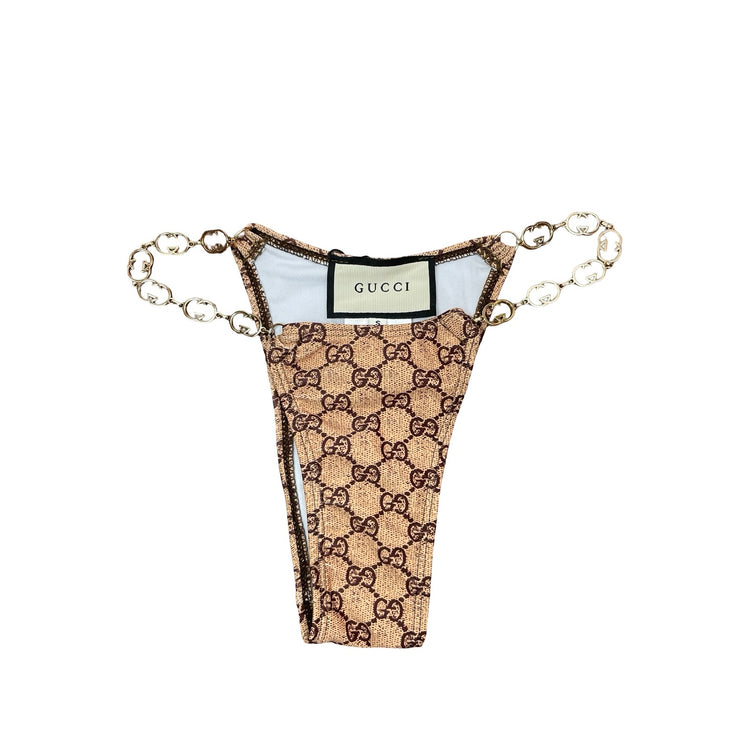 NEW Gucci Brown Beige Gold Tone Chain Monogram Swimwear Bikini Bottom Size S