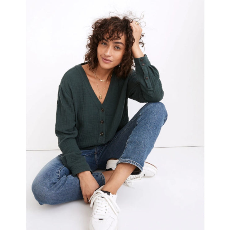 Madewell Lightspun Evert Green Gauze Long Sleeve Button Front Shirt Top Size XS