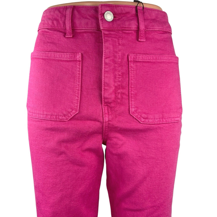 NEW Zara Sailor Flare Fuchsia Pink High Waist Frayed Crop Denim Jeans Pants Sz 6