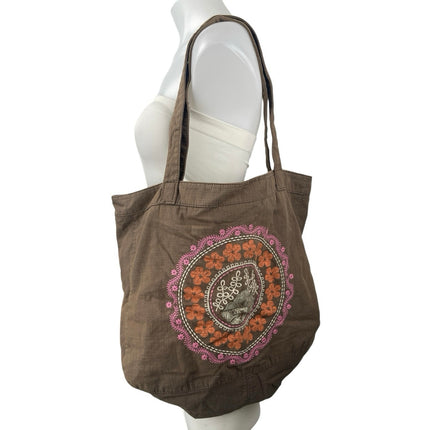 American Eagle Outfitters Tan Floral Embroidered Double Strap Tote Shoulder Bag