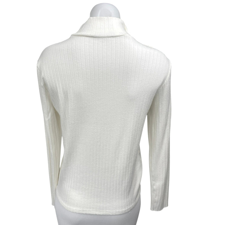 Mango MNG White Ribbed Knit Long Sleeve Button Turtleneck Sweater Top Size L