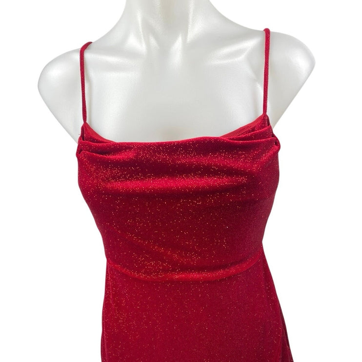 NEW Windsor Red Sleeveless Cowl Neck Glitter Cami Slit Tank Slip Midi Dress S