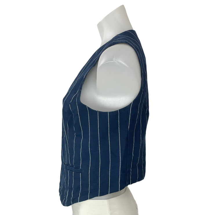 GAP Women's Navy Blue White Sleeveless Linen Pinstriped V-neck Vest Tank Top S