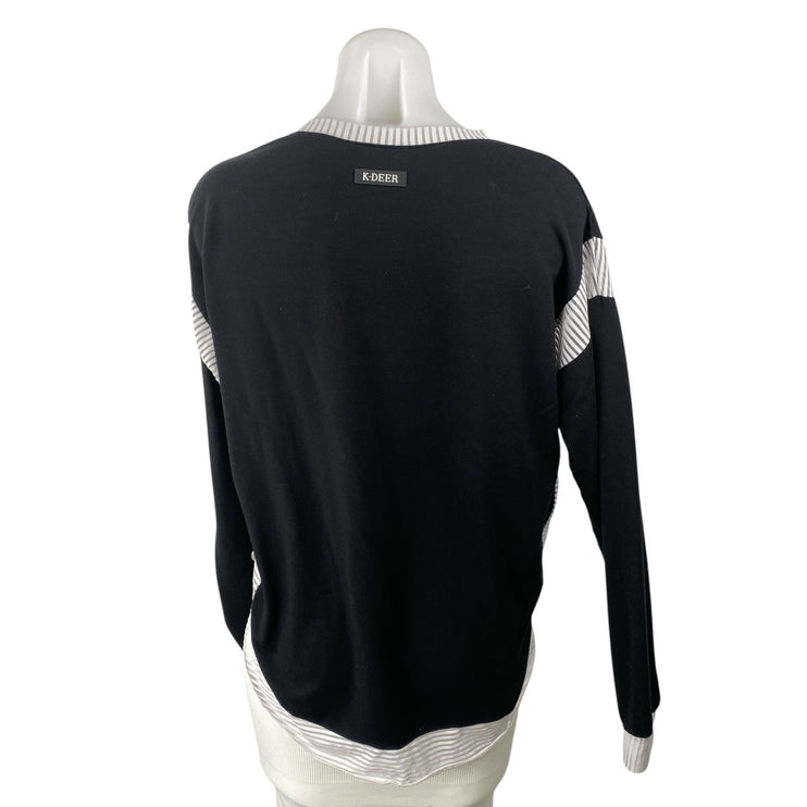 K-DEER Women's Black Color Block V Neck Long Sleeve Sweatshirt Sweater Top Sz M
