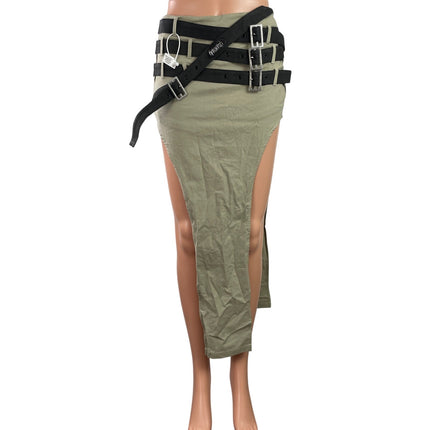 Women's Green Multi Belt Strap Low Waist Sides Slit Maxi Pencil Skort Skirt Sz S