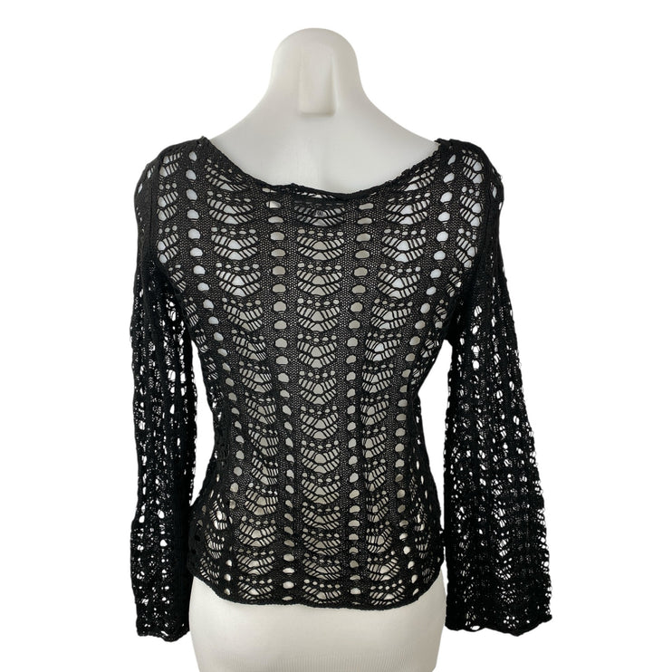 Daisy Street Women's Black Open Knit Crochet Long Sleeve Sweater Blouse Top Sz M