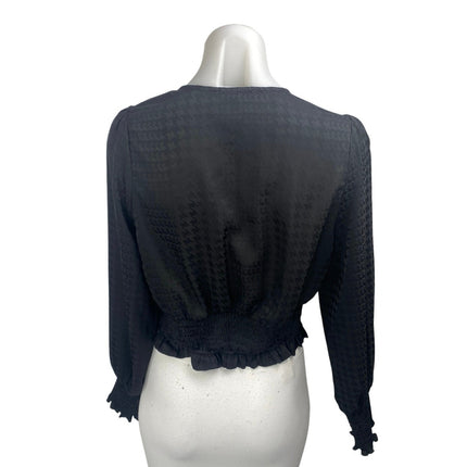 Heartloom Black Long Sleeve Deep V Neck Houndstooth Ruffle Blouse Crop Top Sz M