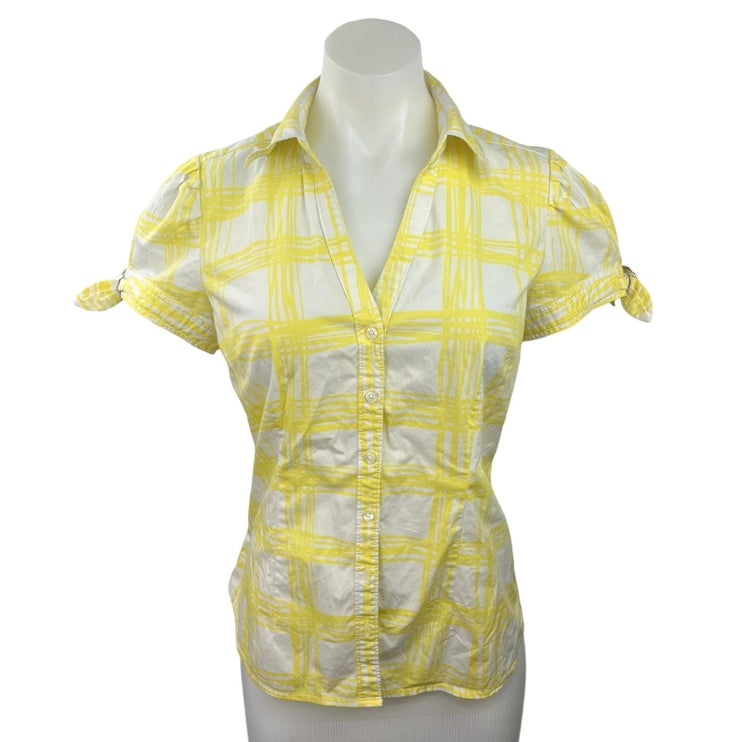 Express Design Studio Yellow White Plaid Button Down Short Sleeve Shirt Top Sz M