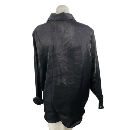 Expose Women's Black Acid Wash Satin Long Sleeve Button Down Shirt Top Size M