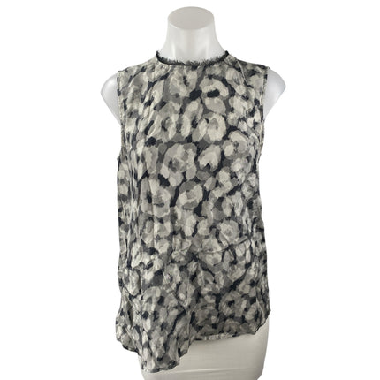 Theory Black 100% Silk Floral Sleeveless Mock Neck Fringe Tank Blouse Top Size M