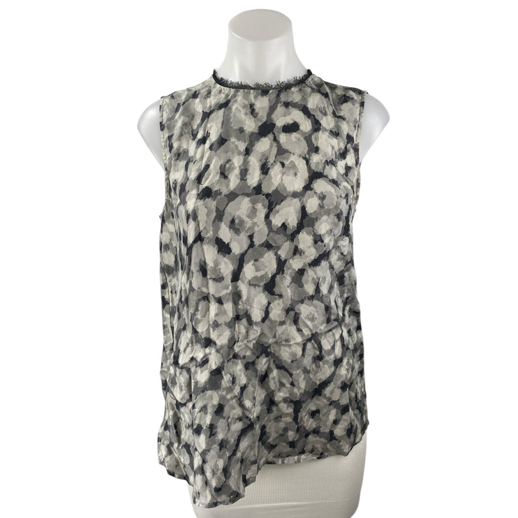 Theory Black 100% Silk Floral Sleeveless Mock Neck Fringe Tank Blouse Top Size M