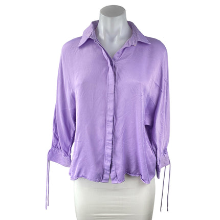 Zara Women's Purple Collared 3/4 Tie Sleeve Button Down Crop Blouse Shirt Top S