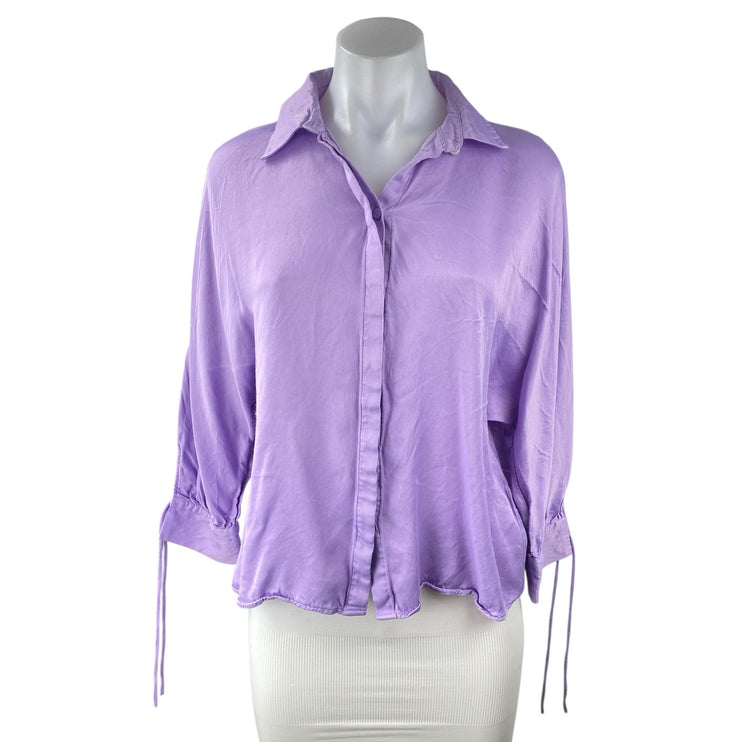 Zara Women's Purple Collared 3/4 Tie Sleeve Button Down Crop Blouse Shirt Top S