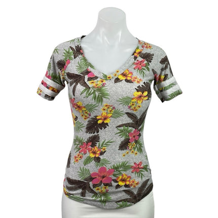 No Boundaries Tropical Floral V Neck Short Sleeve Slim Basic Tee T-Shirt Top XS