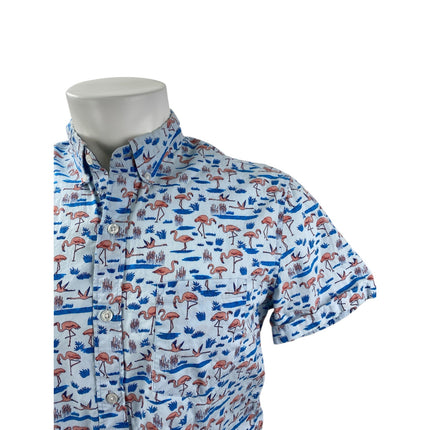J.Crew Mens Blue Flamingo Print Short Sleeve Pocket Button Down Shirt Top Size M