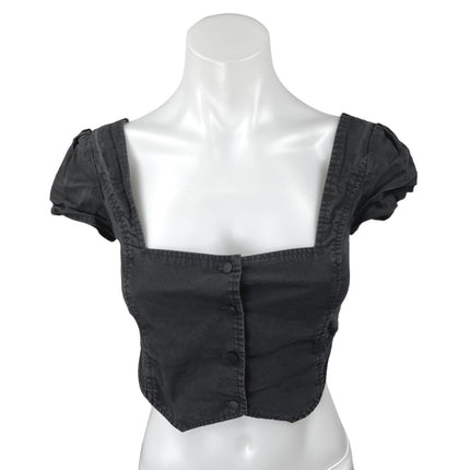 I.AM.GIA Black Short Sleeve Button Down Smocked Denim Jean Crop Top Size S