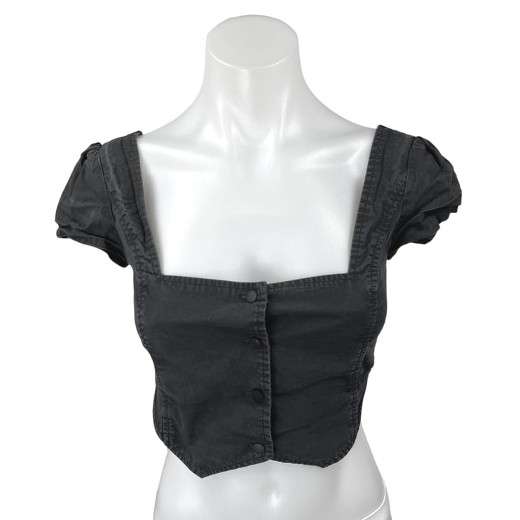 I.AM.GIA Black Short Sleeve Button Down Smocked Denim Jean Crop Top Size S
