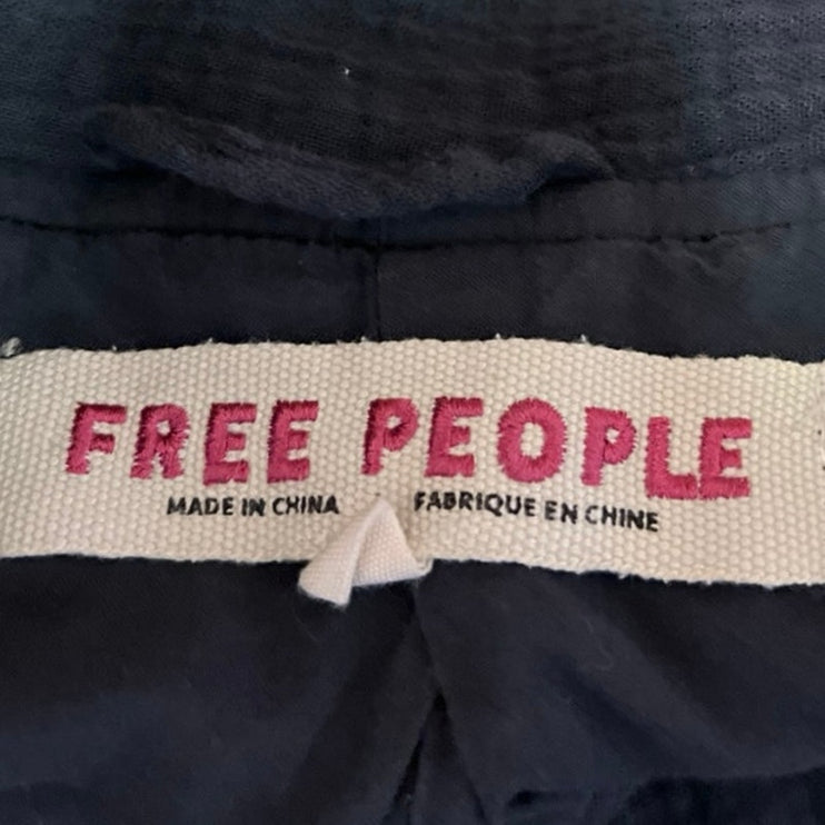 Free People Navy Blue Crinkled Cotton Button Lightweight Blazer Coat Jacket Sz S