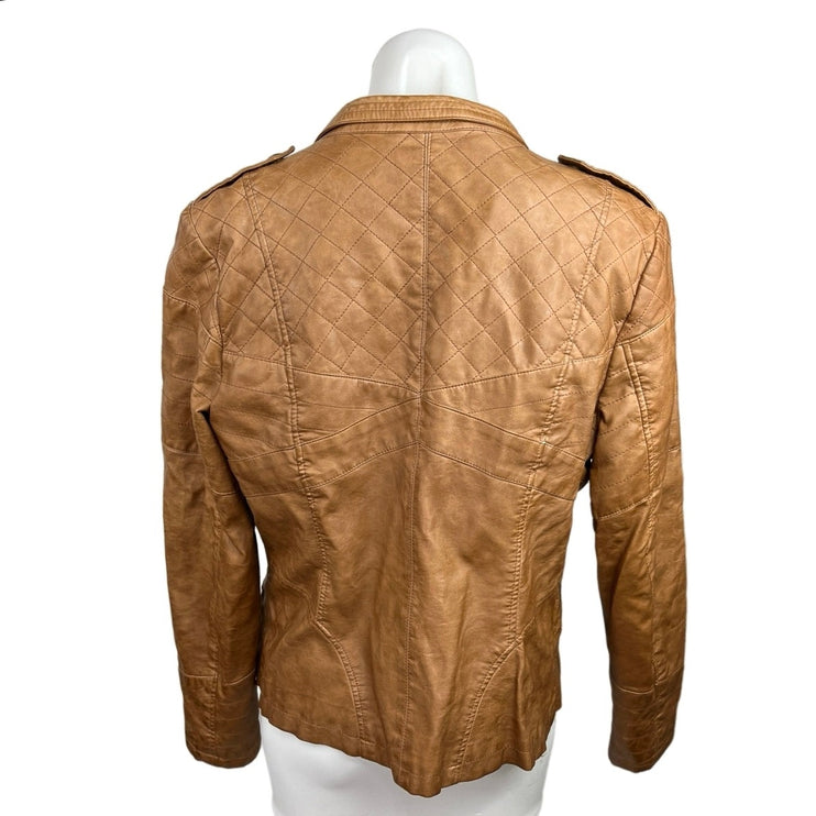 Guess Cognac Brown Faux Leather Asymmetric Full Zip Quilted Moto Jacket Size S/L