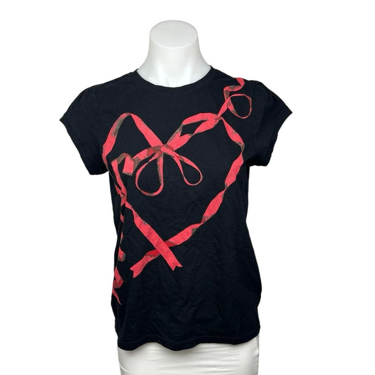 Viktor & Rolf for H&M Black Red Heart Ribbon Graphic Short Sleeve T-Shirt Size M