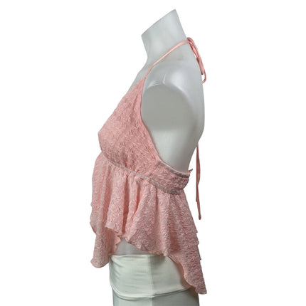 NEW Victoria + Sophia Pink Textured Halter Ruffle Asymmetric Crop Top Size S