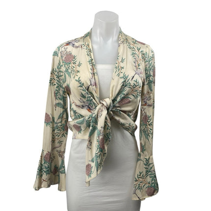 Zara Women's Cream Multicolor Floral Long Bell Sleeve Tie Blouse Crop Top XS/S