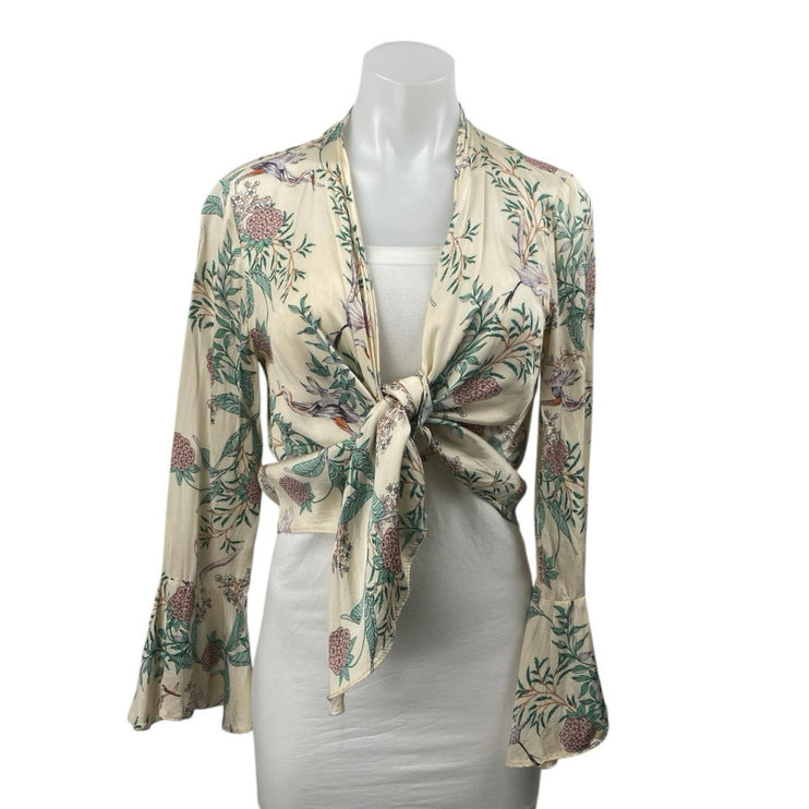 Zara Women's Cream Multicolor Floral Long Bell Sleeve Tie Blouse Crop Top XS/S