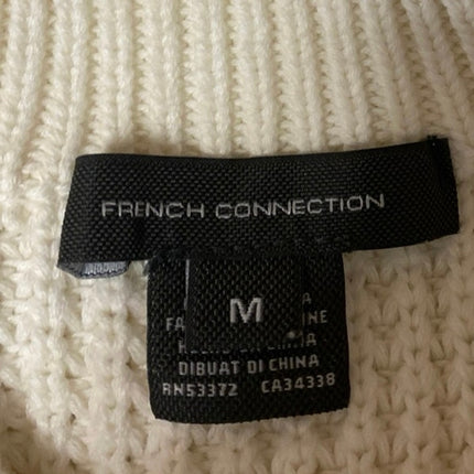 French Connection White Waffle Knit Puff Sleeve Mock Neck Crop Sweater Top Sz M