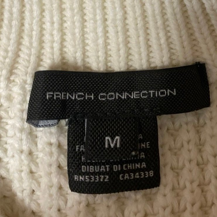 French Connection White Waffle Knit Puff Sleeve Mock Neck Crop Sweater Top Sz M