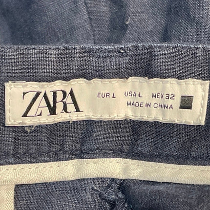 Zara 100% Linen Mens Blue Straight Leg High Waisted Pockets Chino Khaki Shorts L