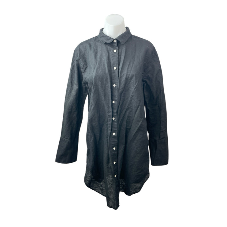 J.Crew Black Linen Long Sleeve Relaxed Button Down Mini Beach Shirt Dress Sz M